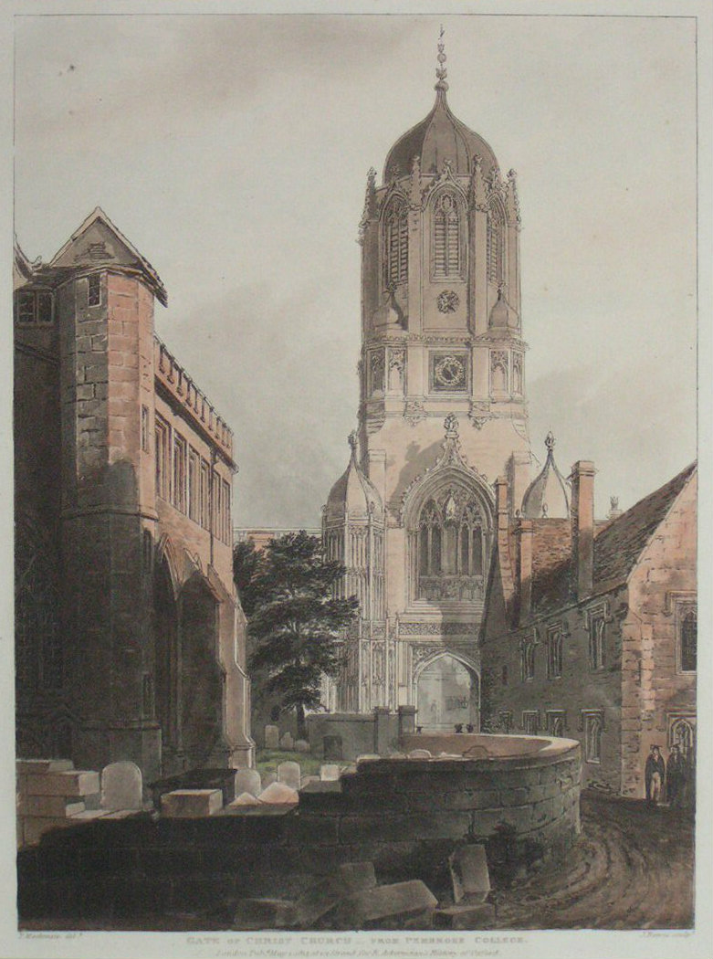 Aquatint - Gate of Christchurch College - from Pembroke College - Reeves
